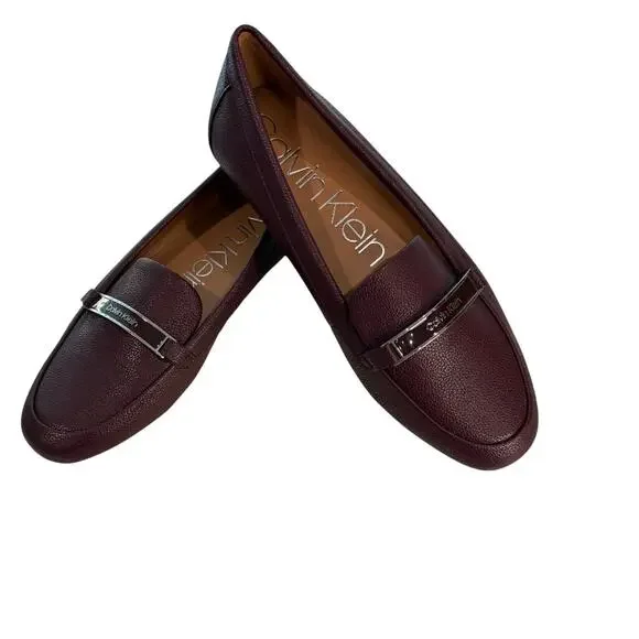 Calvin Klein Burgundy Leather Slip-On Loafers Metal Accent 11 - Picture 1 of 8